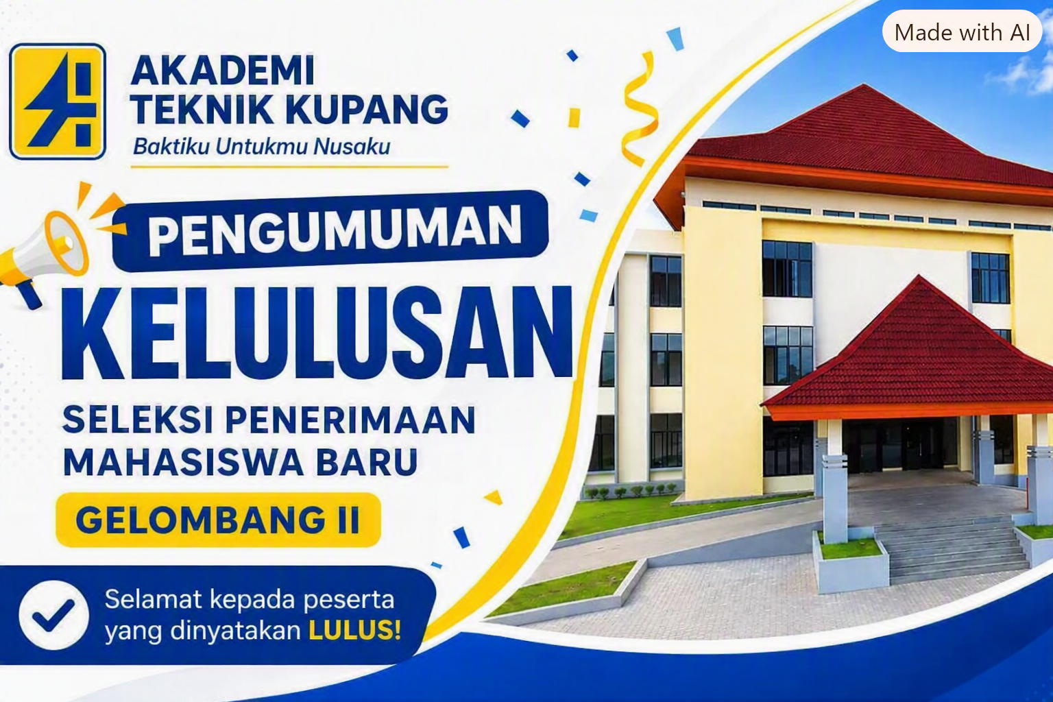 PENGUMUMAN KELULUSAN SELEKSI PENERIMAAN MAHASISWA BARU GELOMBANG II AKADEMI TEKNIK KUPANG TAHUN AJARAN 2026/2027